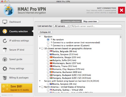 Capture d'écran de  HideMyAss VPN sur Mac