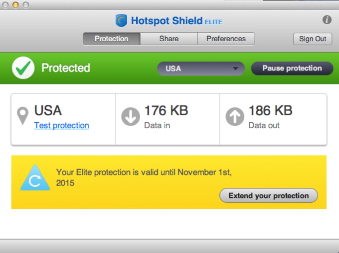 Capture d'écran de Hotspot Shield sur Mac OS