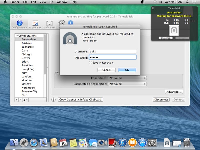 Capture d'écran de Tunnelblick sur Mac OS